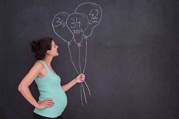 Image showing Portrait of pregnant woman in front of black chalkboard