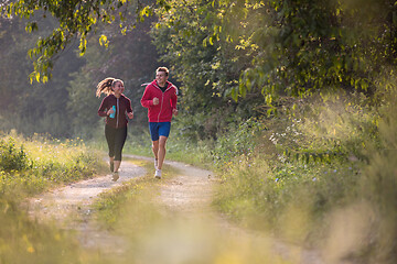 Image showing young couple jogging along a country road