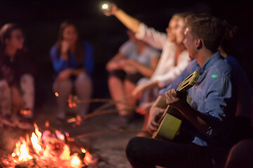 Image showing young friends relaxing around campfire