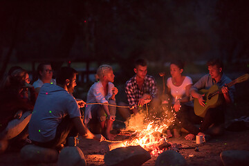 Image showing young friends relaxing around campfire