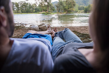 Image showing couple spending time together in straw tent