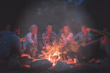 Image showing young friends relaxing around campfire