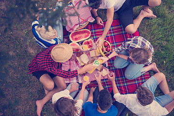 Image showing top view of group friends enjoying picnic time