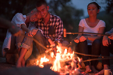 Image showing young friends relaxing around campfire