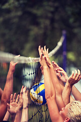 Image showing group of young friends playing Beach volleyball