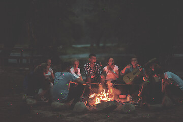 Image showing young friends relaxing around campfire