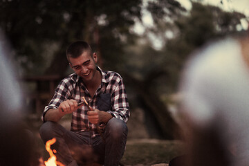 Image showing young friends relaxing around campfire