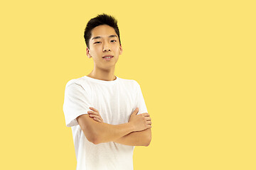 Image showing Korean young man\'s half-length portrait on yellow background