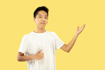 Image showing Korean young man\'s half-length portrait on yellow background