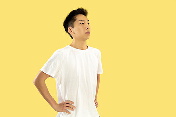 Image showing Korean young man\'s half-length portrait on yellow background