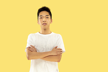 Image showing Korean young man\'s half-length portrait on yellow background