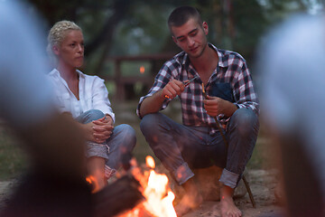 Image showing young friends relaxing around campfire