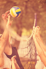 Image showing group of young friends playing Beach volleyball