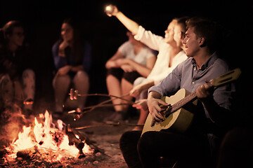 Image showing young friends relaxing around campfire