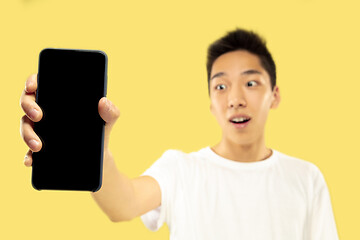 Image showing Korean young man\'s half-length portrait on yellow background