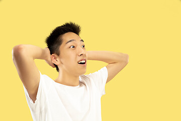 Image showing Korean young man\'s half-length portrait on yellow background