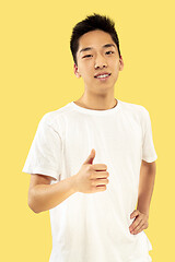 Image showing Korean young man\'s half-length portrait on yellow background