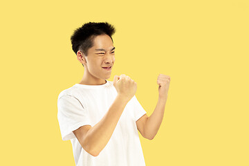 Image showing Korean young man\'s half-length portrait on yellow background