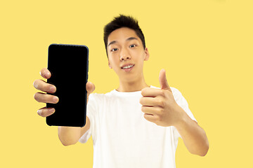 Image showing Korean young man\'s half-length portrait on yellow background