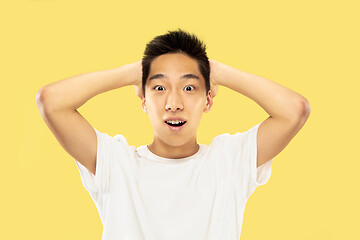 Image showing Korean young man\'s half-length portrait on yellow background