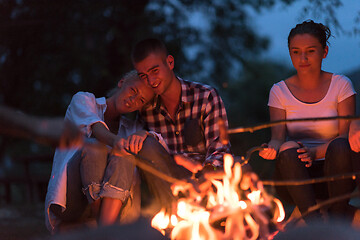 Image showing young friends relaxing around campfire