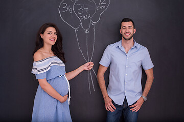 Image showing pregnant couple drawing their imaginations on chalk board