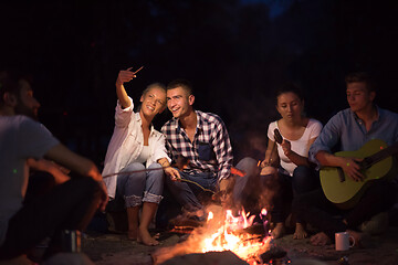 Image showing young friends relaxing around campfire