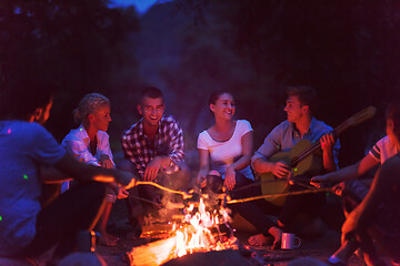 Image showing young friends relaxing around campfire