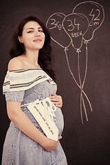 Image showing Portrait of pregnant woman in front of black chalkboard