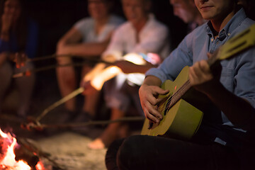 Image showing young friends relaxing around campfire