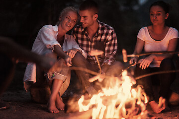 Image showing young friends relaxing around campfire