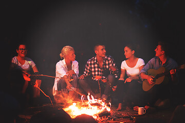 Image showing young friends relaxing around campfire