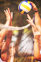 Image showing group of young friends playing Beach volleyball