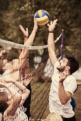 Image showing group of young friends playing Beach volleyball
