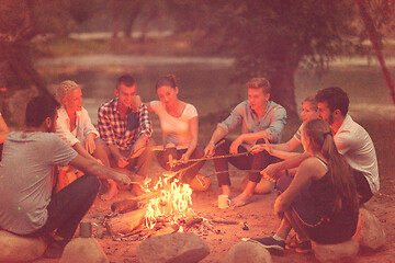 Image showing young friends relaxing around campfire