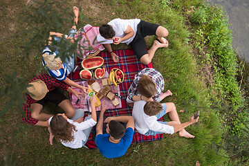 Image showing top view of group friends enjoying picnic time