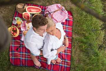 Image showing top view of couple enjoying picnic time