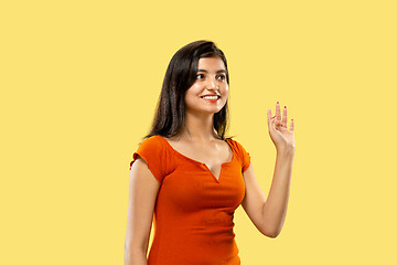 Image showing Portrait of beautiful woman isolated on yellow studio background