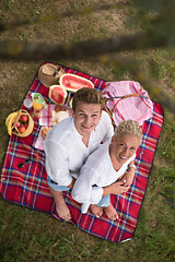 Image showing top view of couple enjoying picnic time