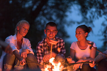 Image showing young friends relaxing around campfire