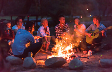 Image showing young friends relaxing around campfire