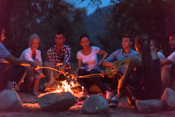 Image showing young friends relaxing around campfire