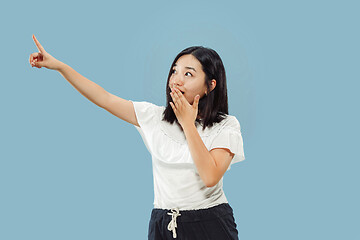 Image showing Korean young woman\'s half-length portrait on blue background