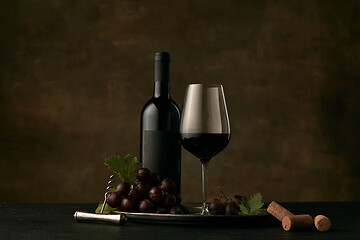 Image showing Front view of tasty fruit plate with the wine bottle on dark studio background