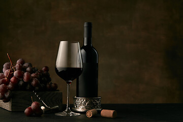 Image showing Front view of tasty fruit plate with the wine bottle on dark studio background