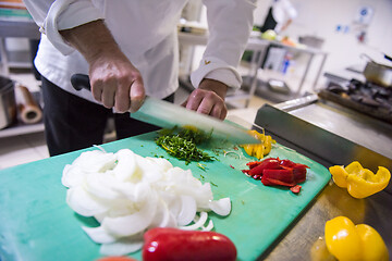 Image showing Chef hands cutting fresh and delicious vegetables