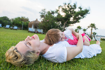 Image showing mother and little daughter playing at backyard