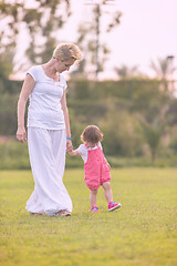 Image showing mother and little daughter playing at backyard