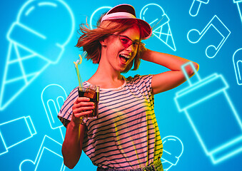 Image showing Beautiful girl isolated on studio background in neon light