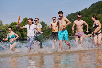 Image showing group of happy friends having fun on river